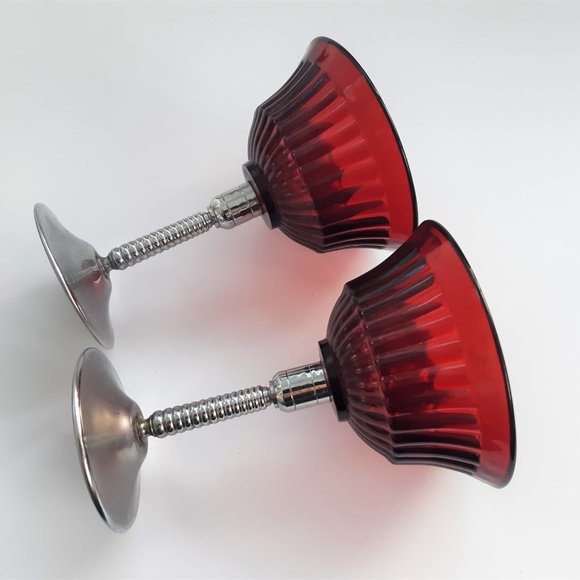 VTG Glass Ruby Red Martini 2 Goblets Chrome Stem Art Deco New Martinsville 1930s - Picture 2 of 10